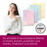 younikat Notizblock A6 - 4x Pastell bunt I Notizen kariert blanko liniert punktiert I Design rosa blau gelb mint I you0086
