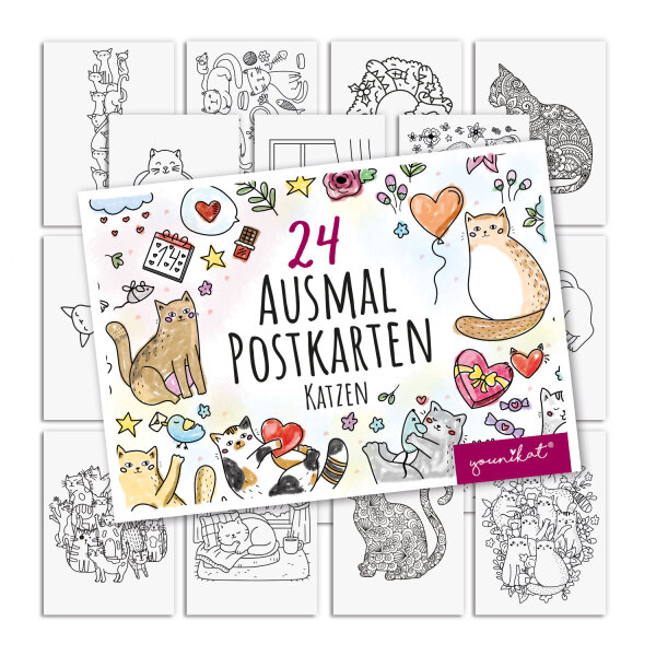 younikat Katze Postkarten zum Ausmalen 24 Stk. I DIN A6 I Kinder Erwachsene I zum Selbstgestalten I Geschenk-idee Katzen-liebhaber Haustier I you0209