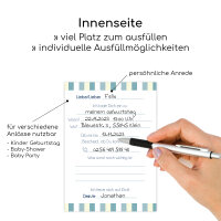 #detailverliebt 15 Geburtstags Einladungskarten I dv174 I DIN A6 I Einladung Set Kinder-Geburtstag Baby-Party Baby-Shower zum Ausfüllen für Kinder Jungen Jungs blau