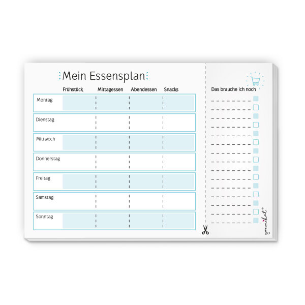 XL Menüplaner DIN A3 Essensplaner mit Einkaufs-Liste in türkis I 50 Blatt I extra großer Essens-Organizer Block zum Abreißen I dv544