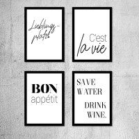 Typo Poster-Set I 4 Print Plakate mit Sprüchen: Lieblingsplatz cest la vie Bon appetit Save Water I Statement modern schwarz weiß