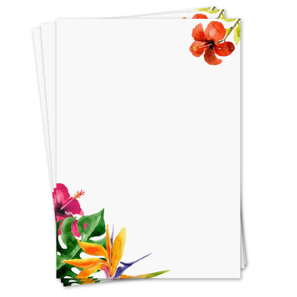 Briefpapier Set Tropical Flowers I 50 Blatt 90 g/m²  DIN A4 I stilvolles Schreibpapier vielseitig verwendbar grün pink gelb rot I Geburtstag Urkunde Speisekarte I dv_426