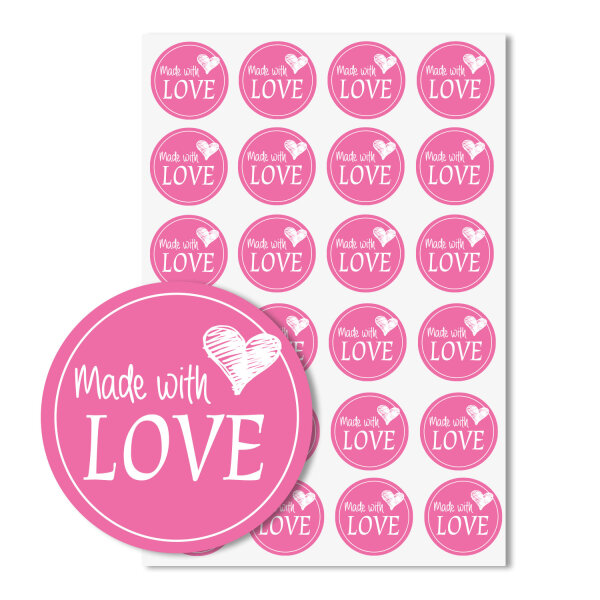 24 Aufkleber Made with Love I pink I in verschiedenen Farben | Ø 4 cm | Geschenkaufkleber | als Geschenk Freunde Familie | DIY | dv_586