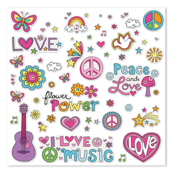 Aufkleber-Set Peace & Love I 2x DIN A4 Bogen I 60 Sticker I Flower-Power Blumen Hippie Motiv I für Laptop Koffer Tür Roller Auto-Aufkleber I wetterfest I dv_893