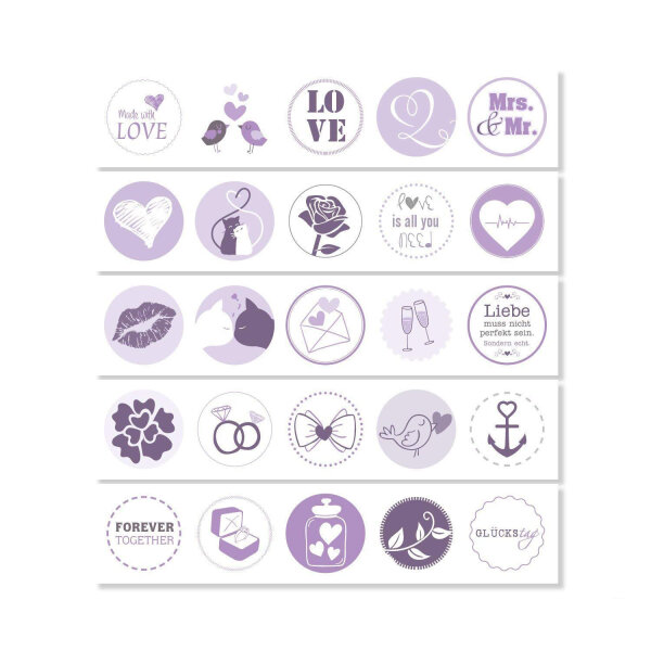 25 Hochzeits-Aufkleber I dv511 flieder I Ø 3,6 cm I Rund Set Freudentränen-Sticker Hochzeits-Sticker Geschenk-Aufkleber Gastgeschenk Mitgebsel lila