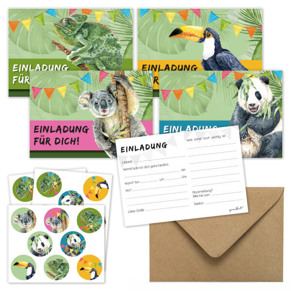 12 Einladungskarten zum Kindergeburtstag mit Tier Motiven - dv_1165 Dschungeltiere mit Umschlägen