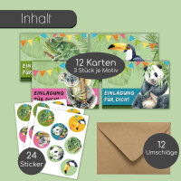 12 Einladungskarten zum Kindergeburtstag mit Tier Motiven - dv_1165 Dschungeltiere mit Umschlägen