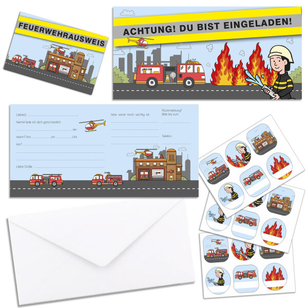 8er-Set Einladungskarten Feuerwehr mit Umschlägen und Aufklebern