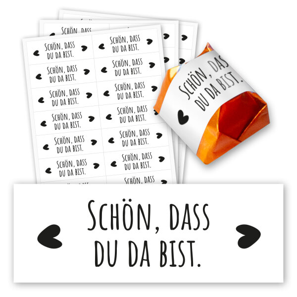 60er Aufkleber-Set Schön, dass du da bist - Gastgeschenk passend für Küsschen Pralinen I Herz I Rechteckig I dv_1354