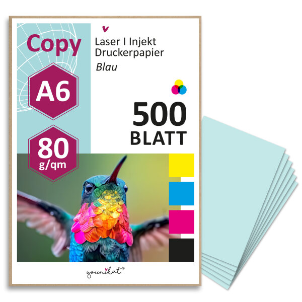 younikat DIN A6 Papier 80 g/m² I 500 Blatt in hell-blau I Kopierpapier Blanko Rezeptpapier I dv_1505