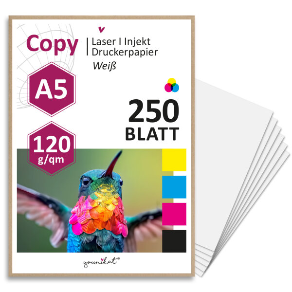 younikat DIN A5 Premium Kopierpapier I 120 g/m² I 250 Blatt in weiß I 148 x 210 mm Blanko I für Druck Basteln Karten Rezeptpapier I geeignet für alle gängigen Laser- und Tintenstrahldrucker I dv1550