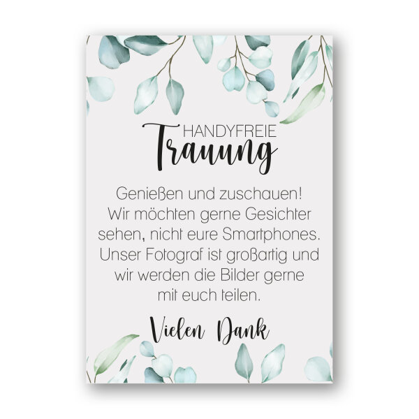Schild Handyfreie Trauung Eukalyptus DIN A3